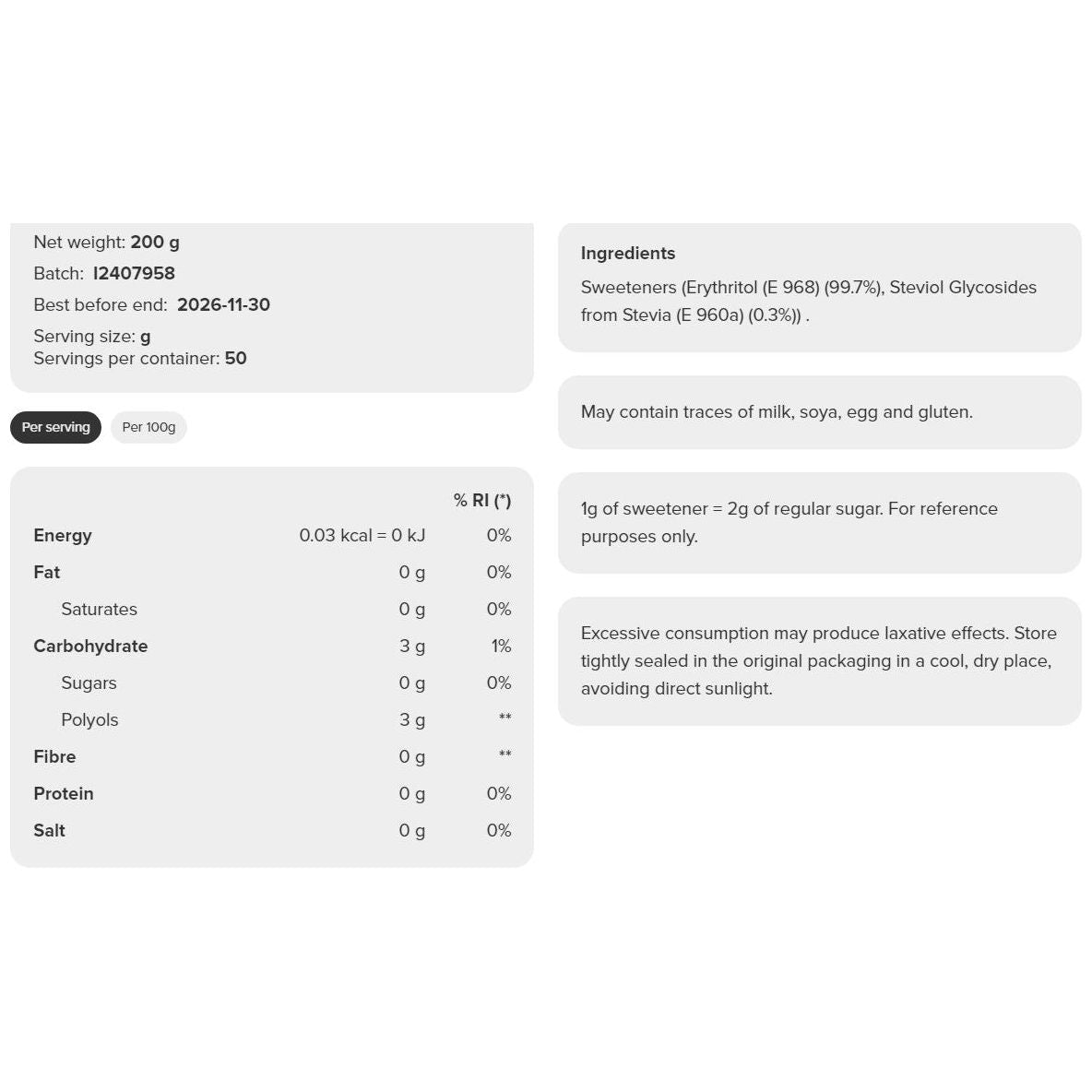 Prozis Erythritol and Stevia Sweetener (200g) - Top Nutrition and Fitness