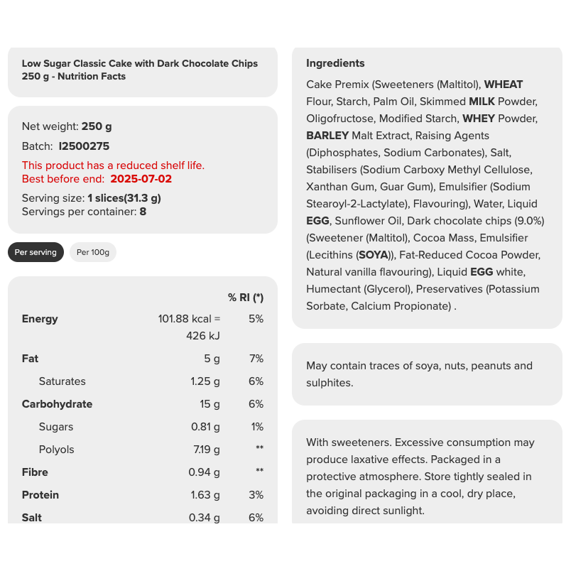 Prozis Low Sugar Classic Cake with Dark Chocolate Chips (1 CAKE - 8 slices) Nutrition Facts label