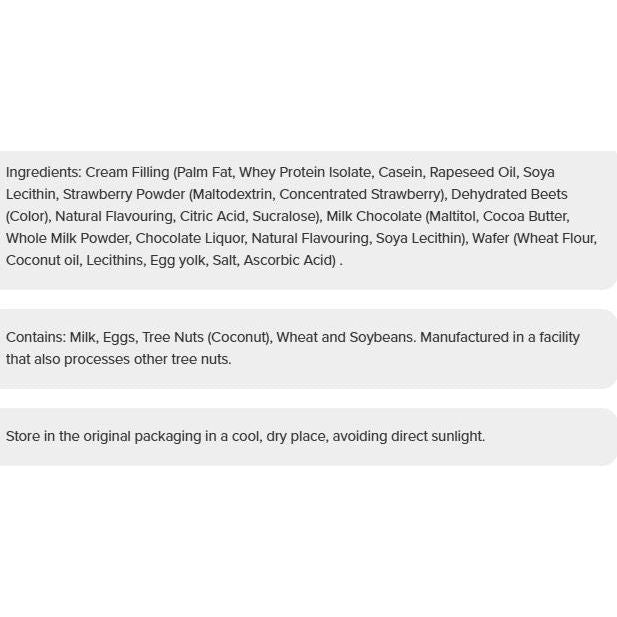 Prozis Zero Protein Wafer Strawberry ingredients and allergen list — contains milk, eggs, wheat, soy