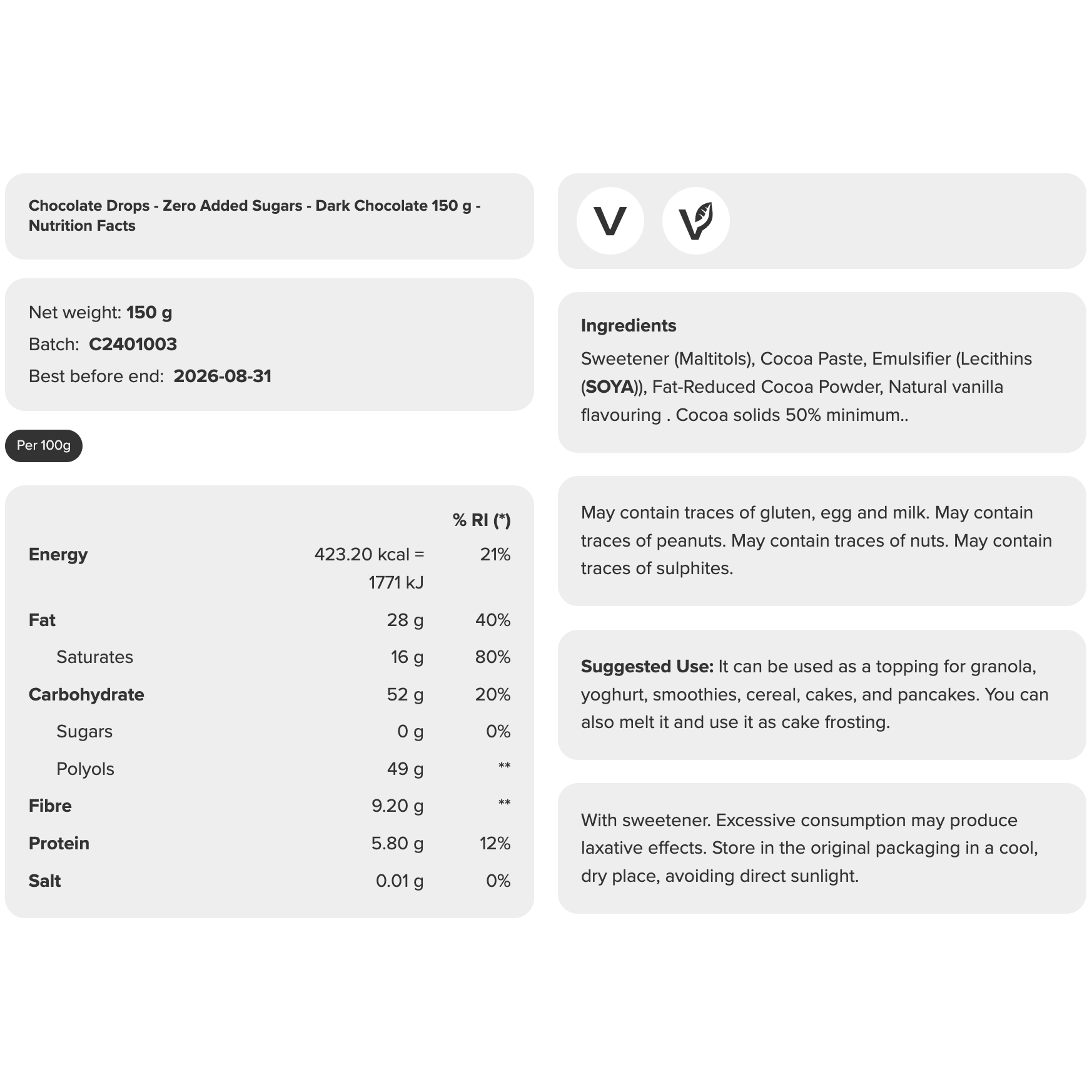 Prozis Vegan Sugar Free Rice Porridge Nutrition Facts label — 423 kcal, 5.8 g protein and 9.2 g fiber per 100 g