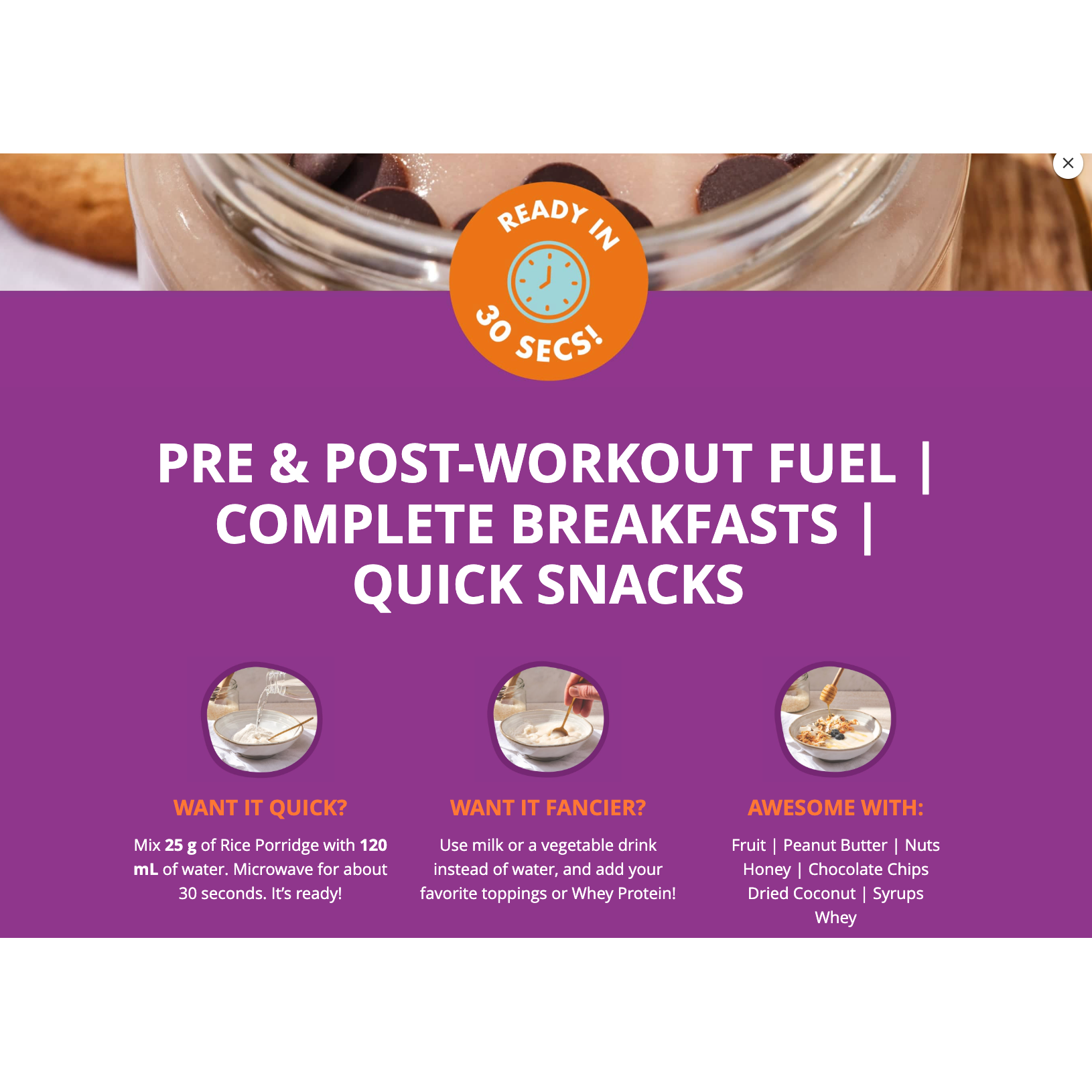 Prozis Vegan Sugar Free Rice Porridge — ready in 30 seconds infographic with prep and topping tips