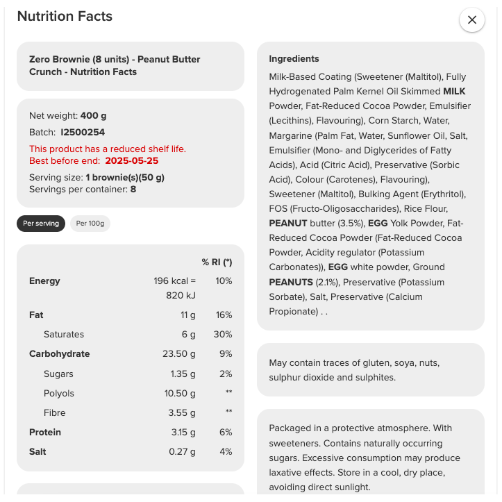 Prozis Zero Sugar Protein Brownie (1 brownie) - Top Nutrition and Fitness