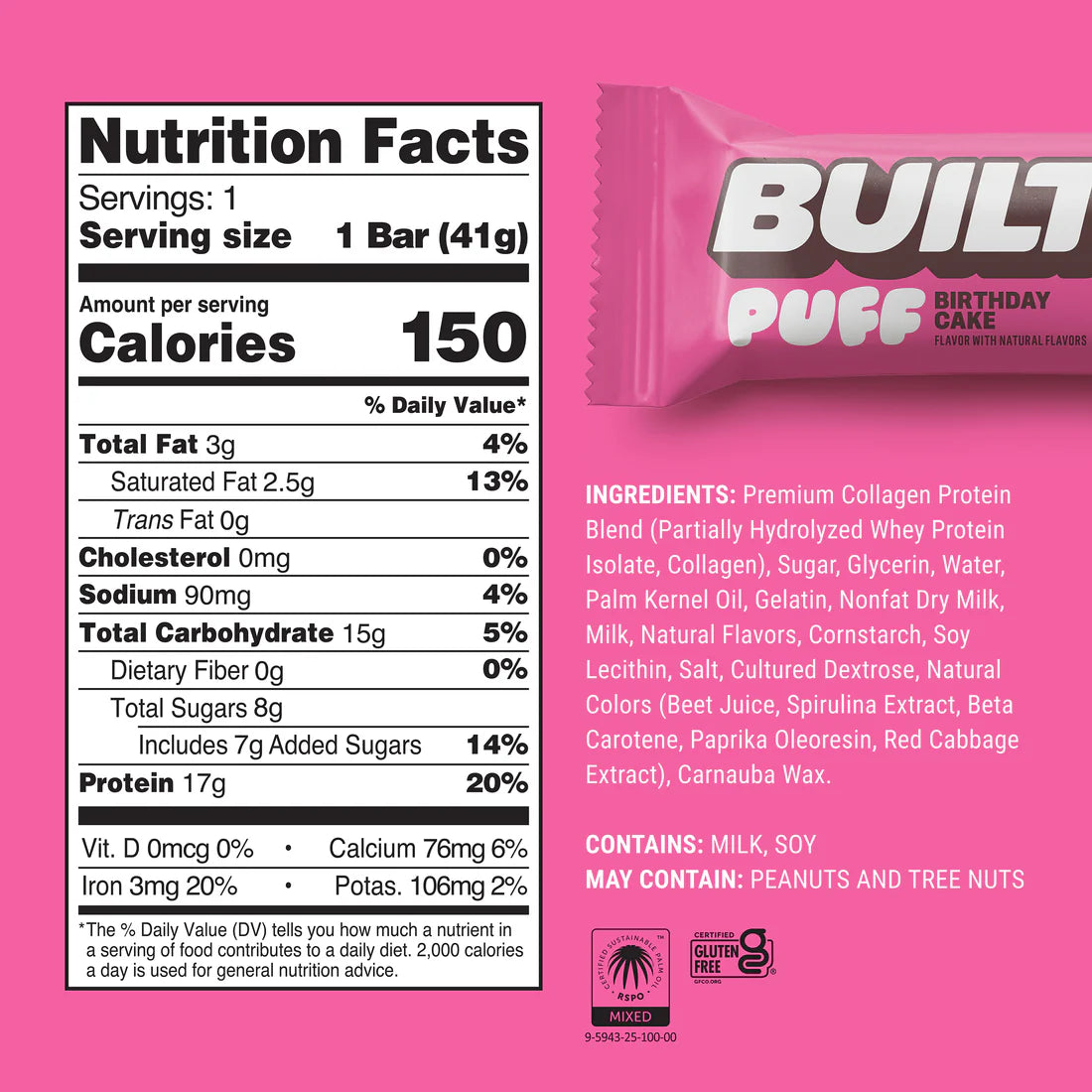 Built Protein Bars & Puffs Birthday Cake PUFF Nutrition Facts label — 140 cal, 17g protein, 7g sugar
