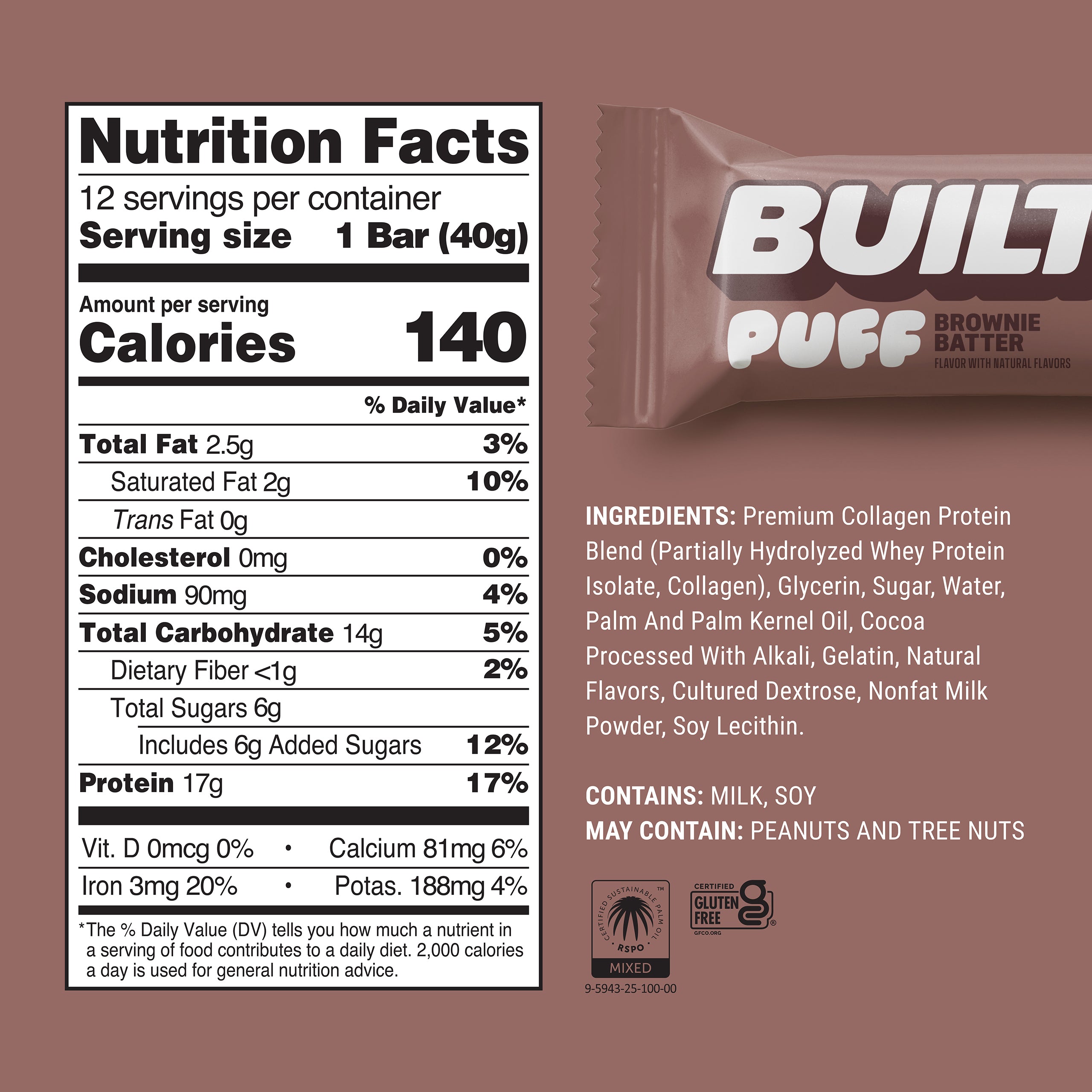 Built Brownie Batter Puff — Nutrition Facts (140 cal, 17g protein, 40g bar)