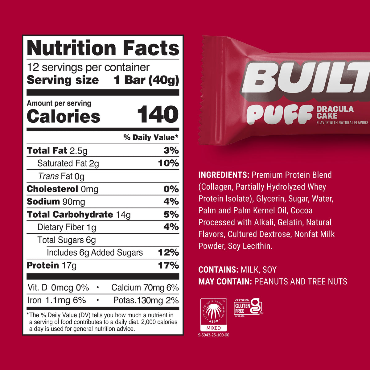 Built Dracula Cake Puff Nutrition Facts panel — 140 cal, 17g protein, 6g sugar, ingredient list