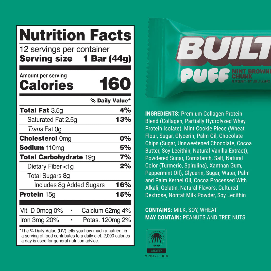 Built Protein Bars & Puffs (1 Box of 12) nutrition facts panel