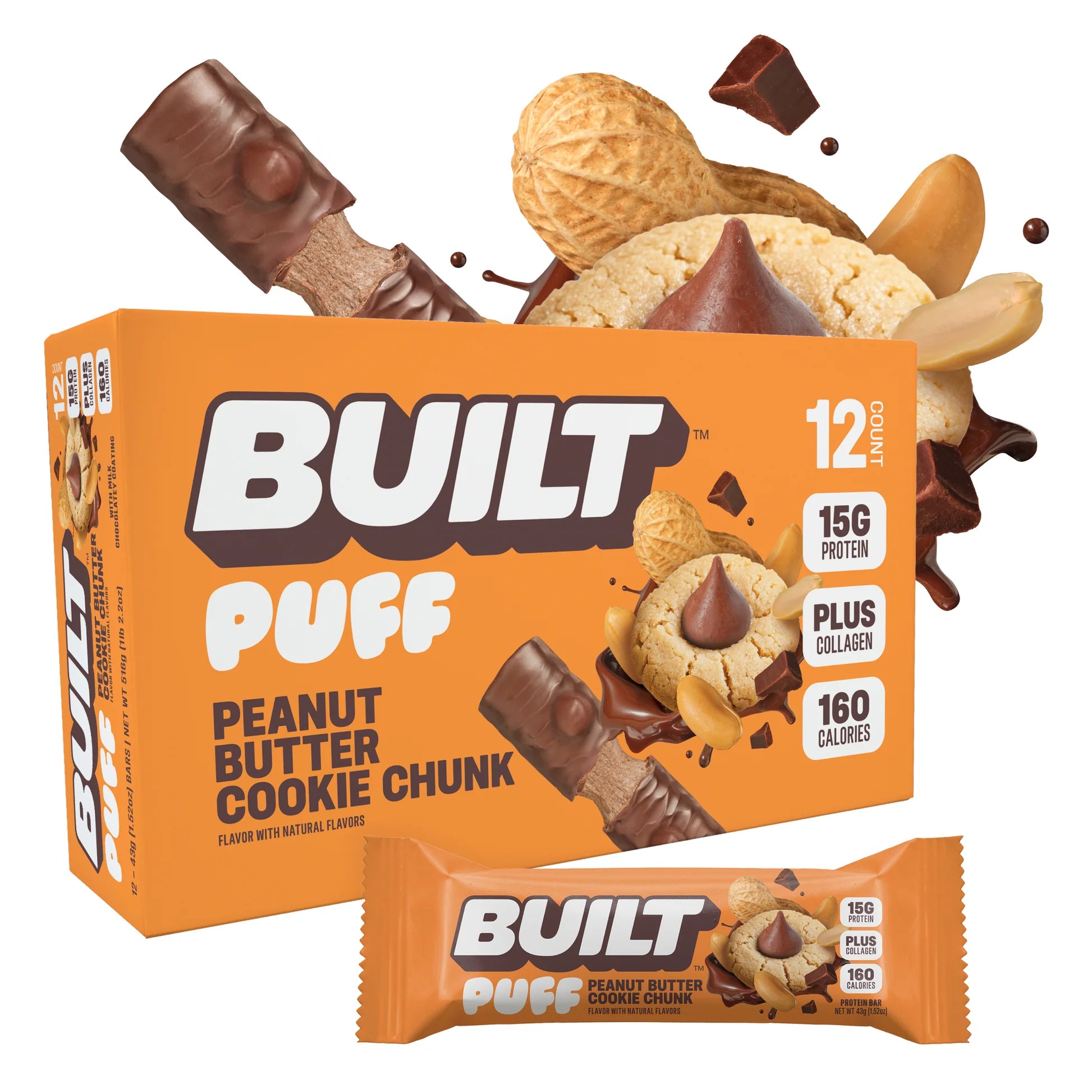 Built Protein Bars & Puffs (1 Box of 12) — Peanut Butter Cookie CHUNK Puff *LIMITED* bag packaging