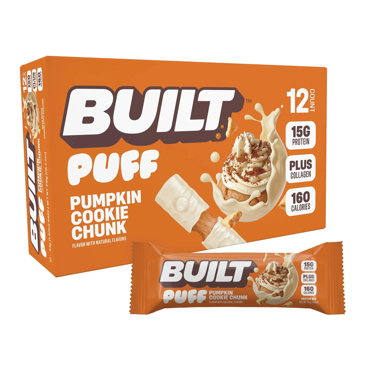 Built Pumpkin Cookie Chunk Puff (Box of 12) — pumpkin spice cookie flavor, 15g protein, 160 cal