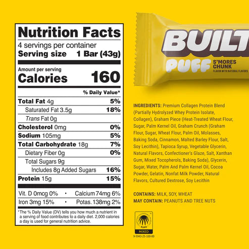 Built Protein Bars & Puffs (1 Bar) nutrition facts panel