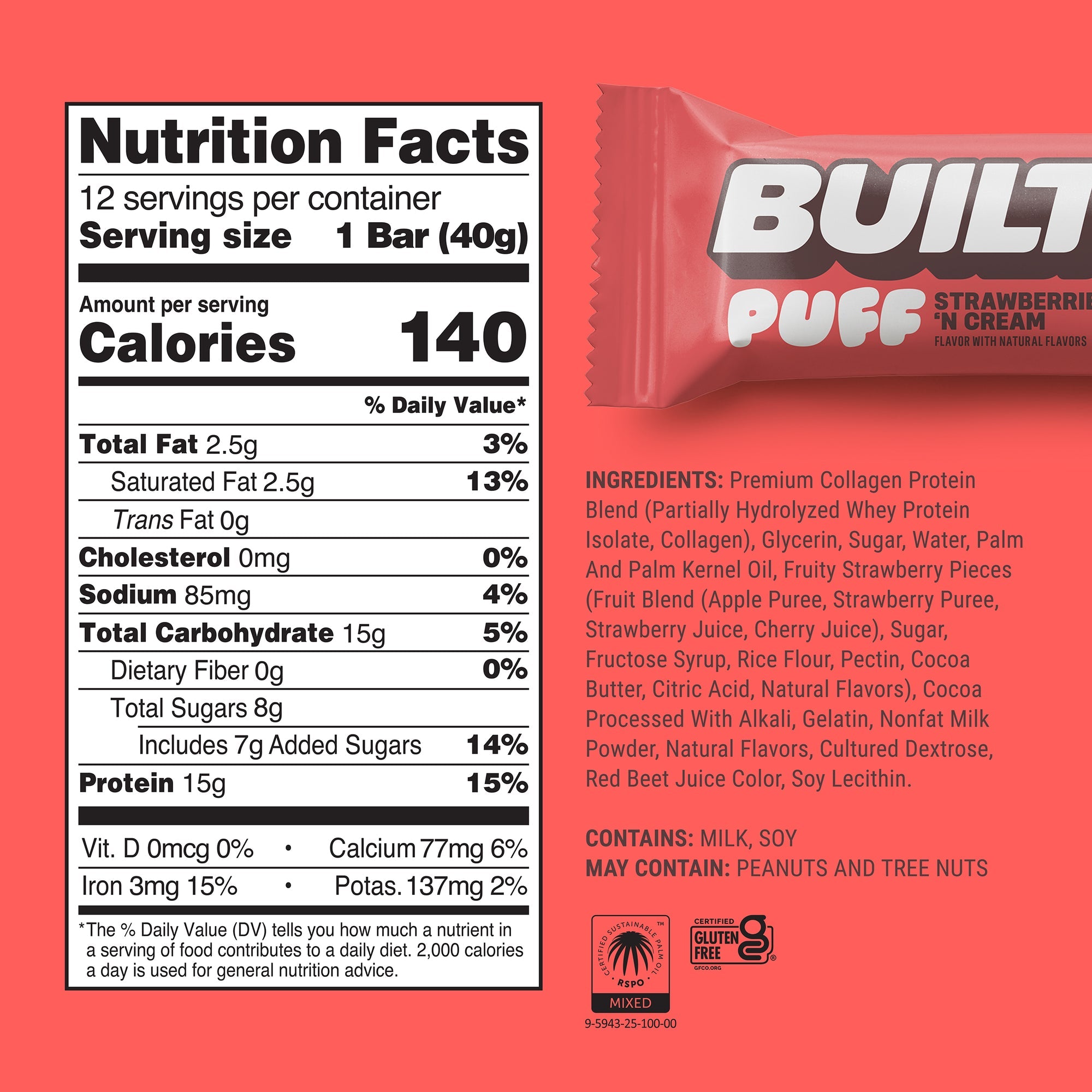 Built Protein Bars & Puffs Strawberries 'N Cream Puff Nutrition Facts panel — 140 cal, 15g protein