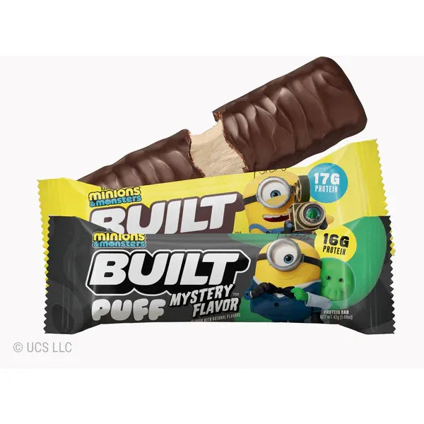 Built Protein Bars & Puffs (1 Box of 12) — Minions Mystery Flavor Puff *LIMITED* wrapper with cross-section, 17g protein