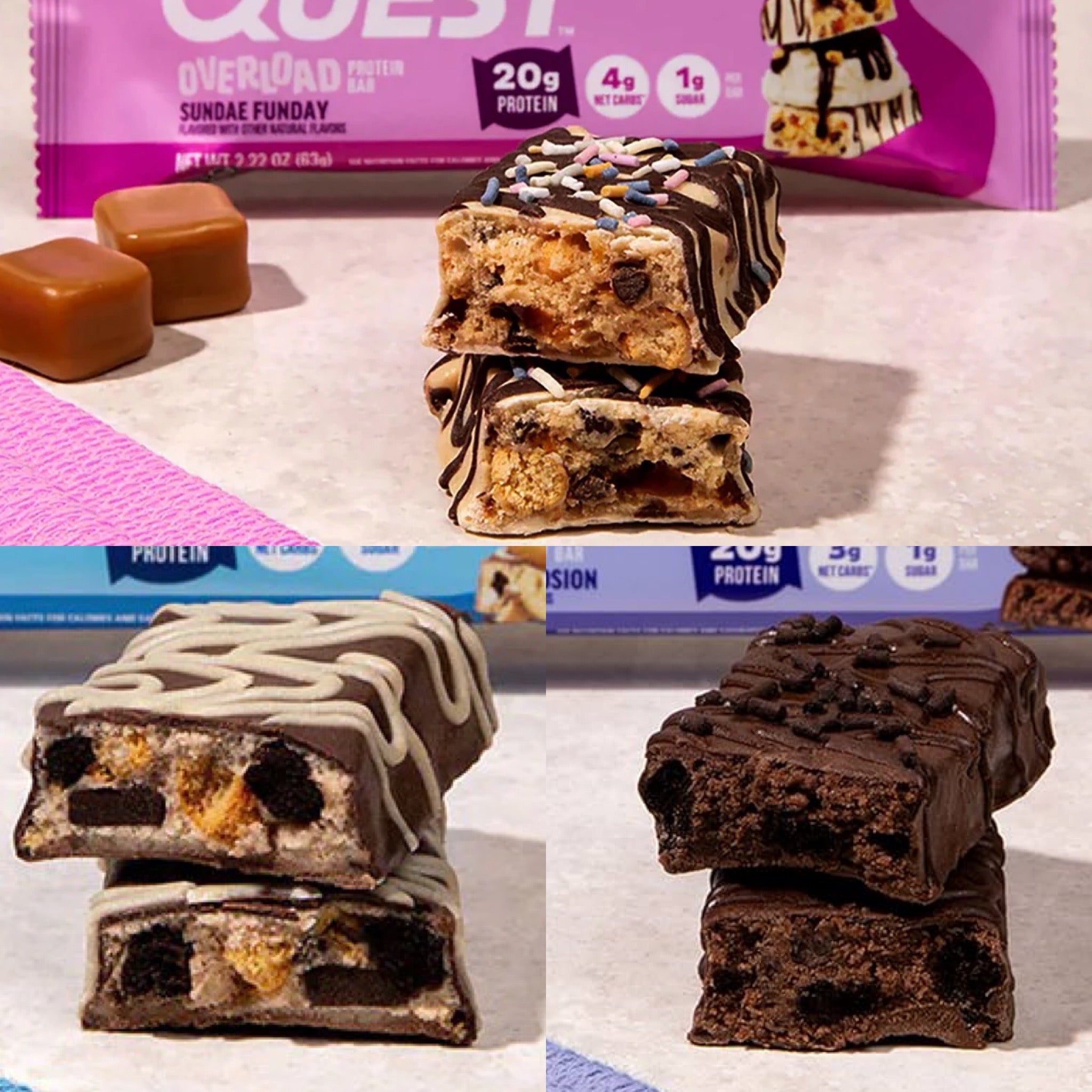 Quest Nutrition Overload Protein Bar (1 bar) - Top Nutrition and Fitness Canada Chocolate Explosion-Cookie Commotion-Sundae Funday