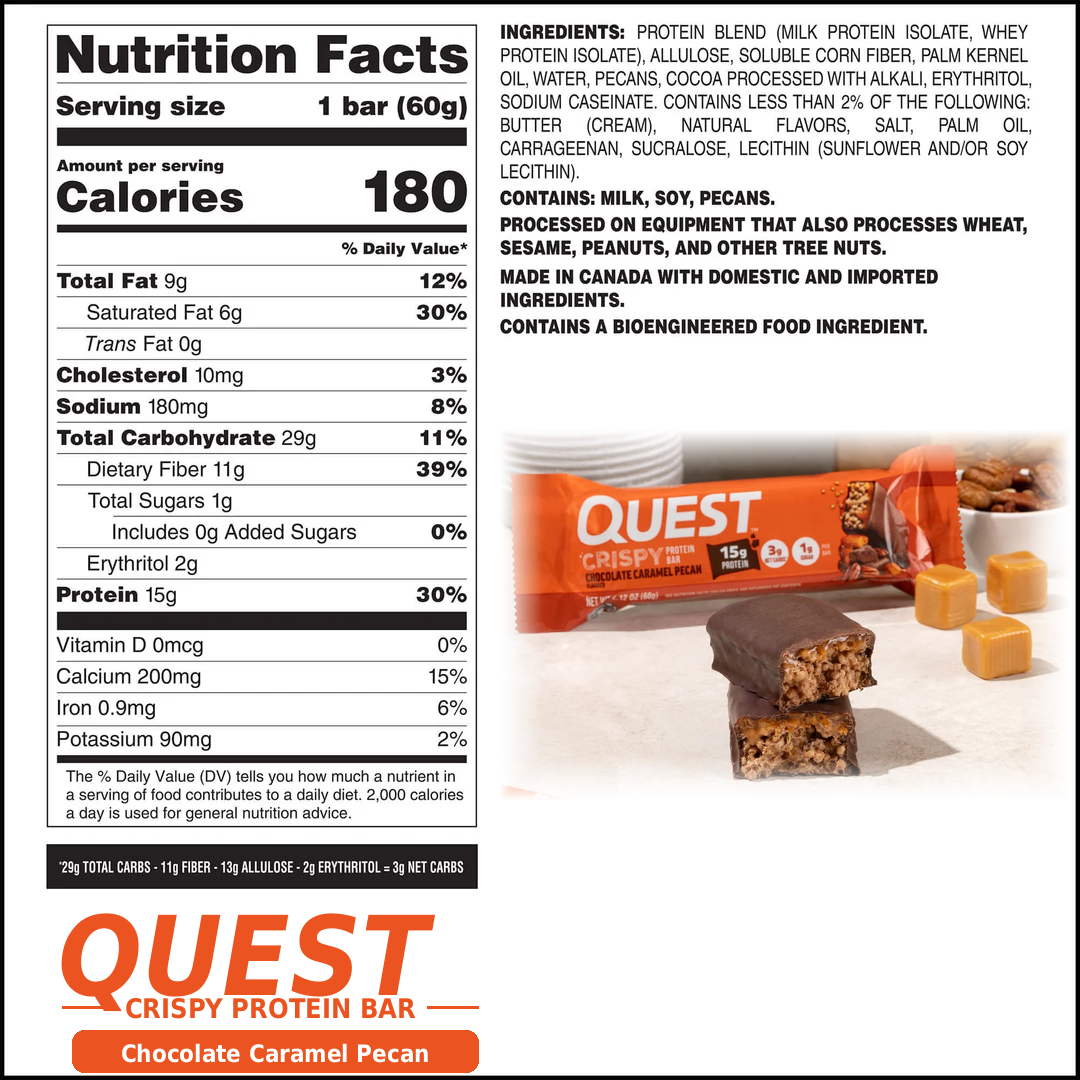 Quest Hero Crispy Protein Bar Nutrition Facts panel and ingredients, 15-18g protein and 1g sugar