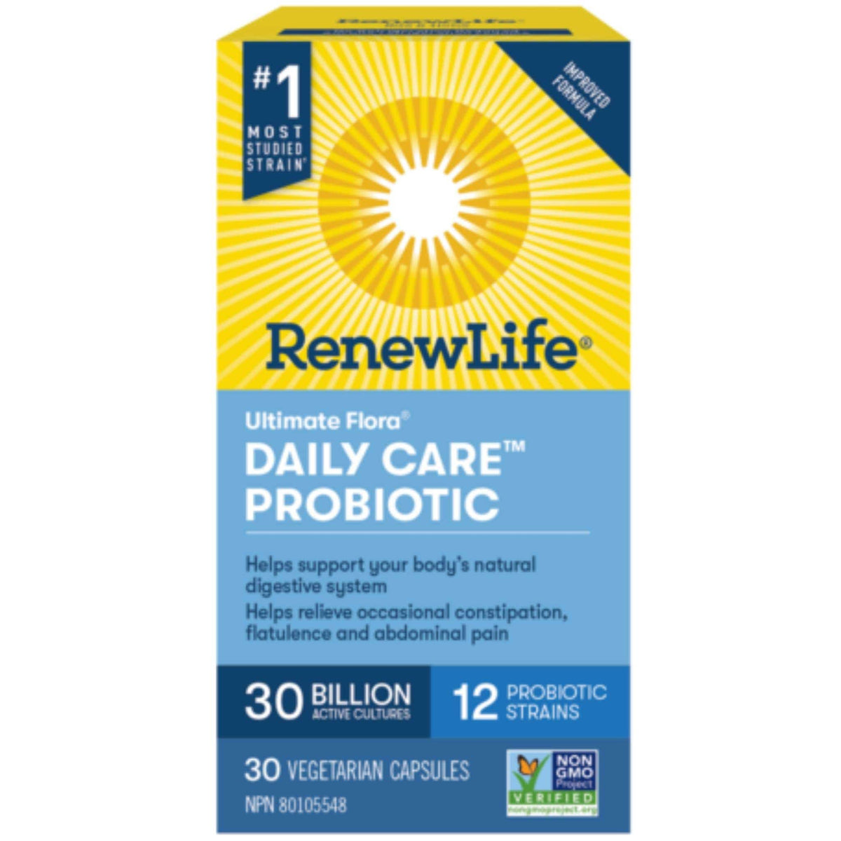RenewLife Ultimate Flora Daily Care Probiotic front of box — 30 billion cultures, 30 vegetarian capsules