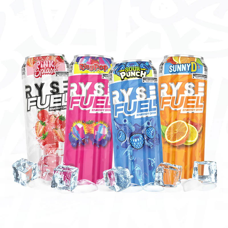 RYSE Fuel Energy Drink (1 can) - Top Nutrition and Fitness Canada Pink Splash-Ring Pop Berry Blast-Sour Punch Blue Raspberry-Sunny D Tangy Original-Kool-Aid Tropical Punch