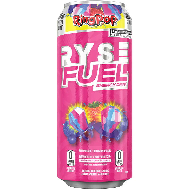RYSE Fuel Energy Drink (1 can) - Top Nutrition and Fitness Canada Pink Splash-Ring Pop Berry Blast-Sour Punch Blue Raspberry-Sunny D Tangy Original-Kool-Aid Tropical Punch