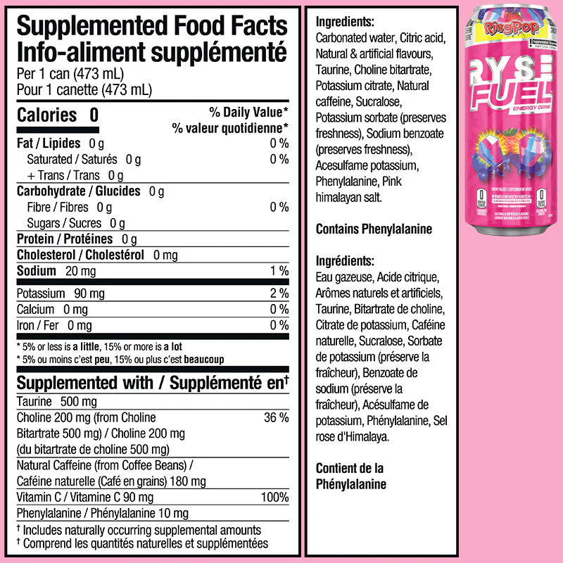 RYSE Fuel Energy Drink (1 can) - Top Nutrition and Fitness Canada Pink Splash-Ring Pop Berry Blast-Sour Punch Blue Raspberry-Sunny D Tangy Original-Kool-Aid Tropical Punch