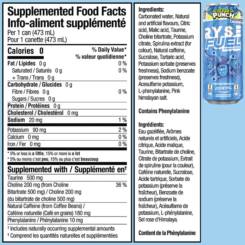 RYSE Fuel Energy Drink (1 can) - Top Nutrition and Fitness Canada Pink Splash-Ring Pop Berry Blast-Sour Punch Blue Raspberry-Sunny D Tangy Original-Kool-Aid Tropical Punch