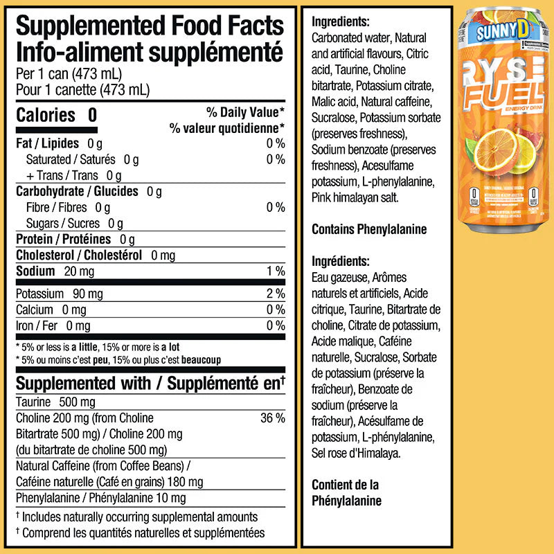 RYSE Fuel Energy Drink (1 can) - Top Nutrition and Fitness Canada Pink Splash-Ring Pop Berry Blast-Sour Punch Blue Raspberry-Sunny D Tangy Original-Kool-Aid Tropical Punch