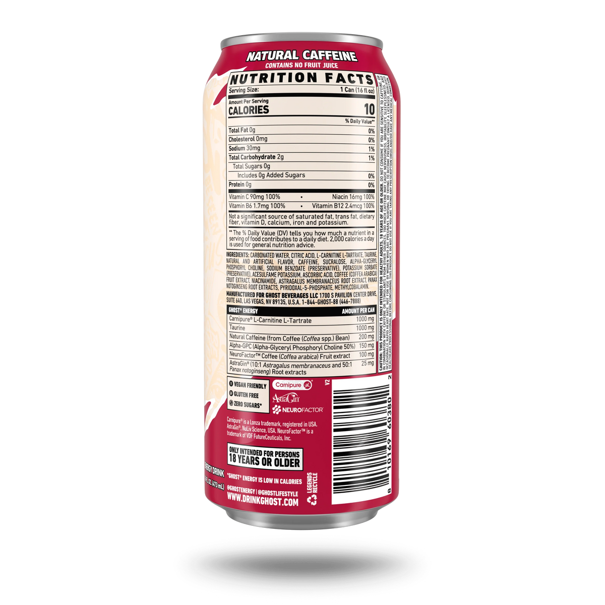 GHOST Energy USA Raspberry Cream — Nutrition Facts label, 16 fl oz can, 200mg natural caffeine