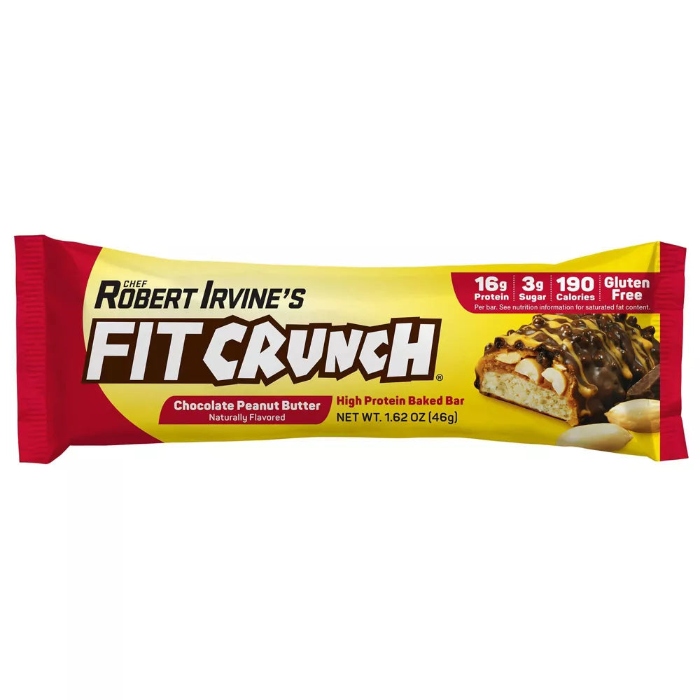 Robert Irvine's FITCRUNCH Low Sugar GF Protein Bar (1 bar) - Top Nutrition and Fitness Canada Chocolate Peanut Butter Baked Snack Bar-Mint Chocolate Chip Baked Snack Bar-Milk & Cookies Protein Bar-Chocolate Peanut Butter WAFER-Strawberry Strudel Nutrition Bar