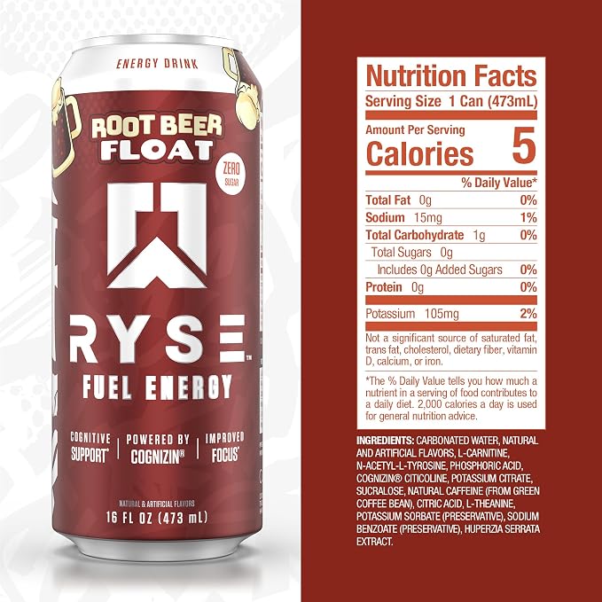 RYSE Fuel Energy drink can in Root Beer Float, zero sugar, with Cognizin for cognitive support and focus