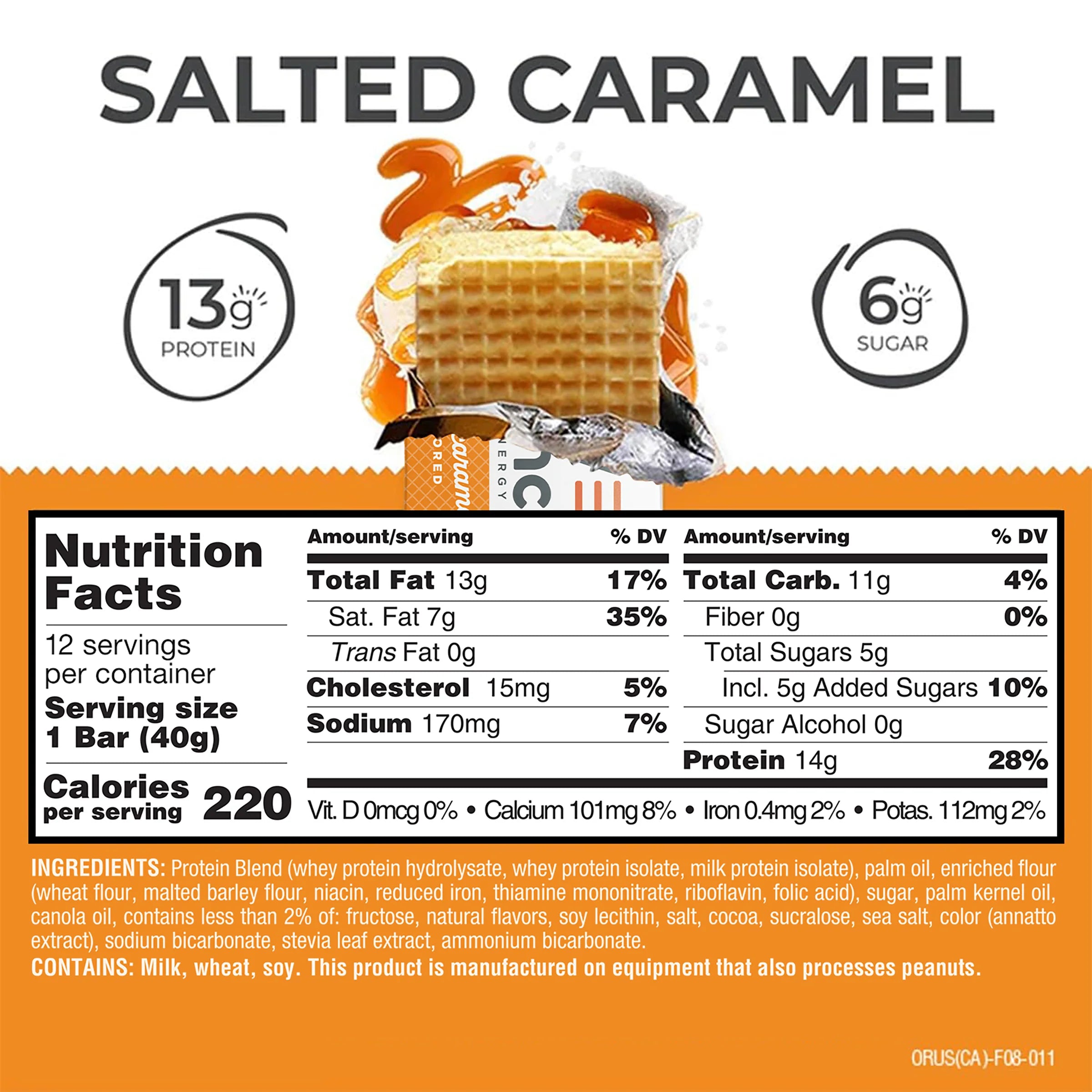 Power Crunch Protein Bar Salted Caramel Nutrition Facts label — 14g protein, 6g sugar per bar