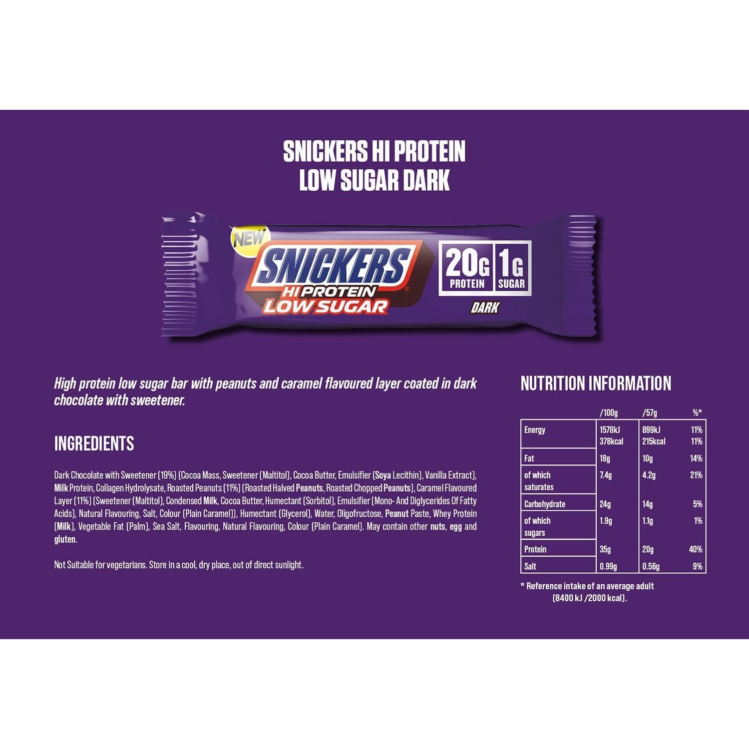 Snickers Hi-Protein Low Sugar Dark Nutrition Facts label — 20g protein, 1g sugar, dark chocolate bar