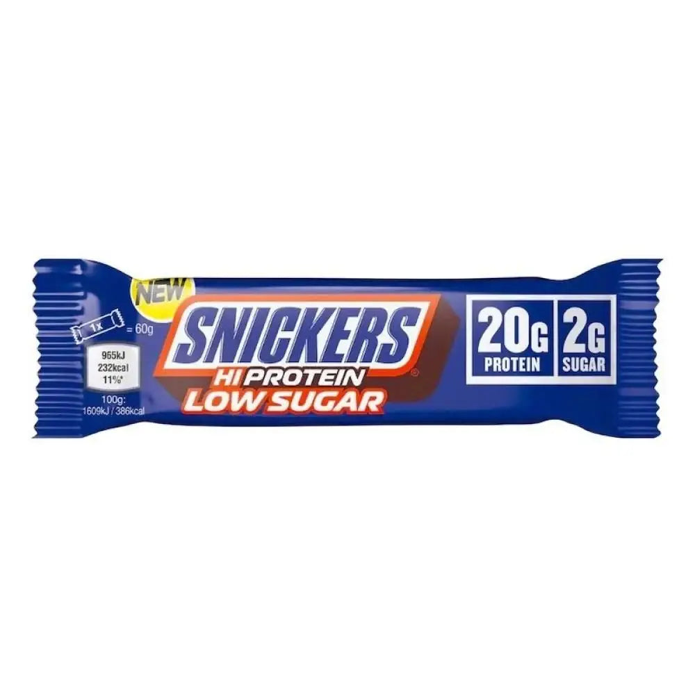 Snickers Hi Protein Low Sugar — front of bar, 20g protein 2g sugar protein snack