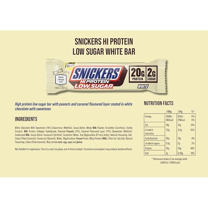Snickers Hi-Protein Low Sugar White Nutrition Facts label — 20g protein, 2g sugar, white chocolate bar