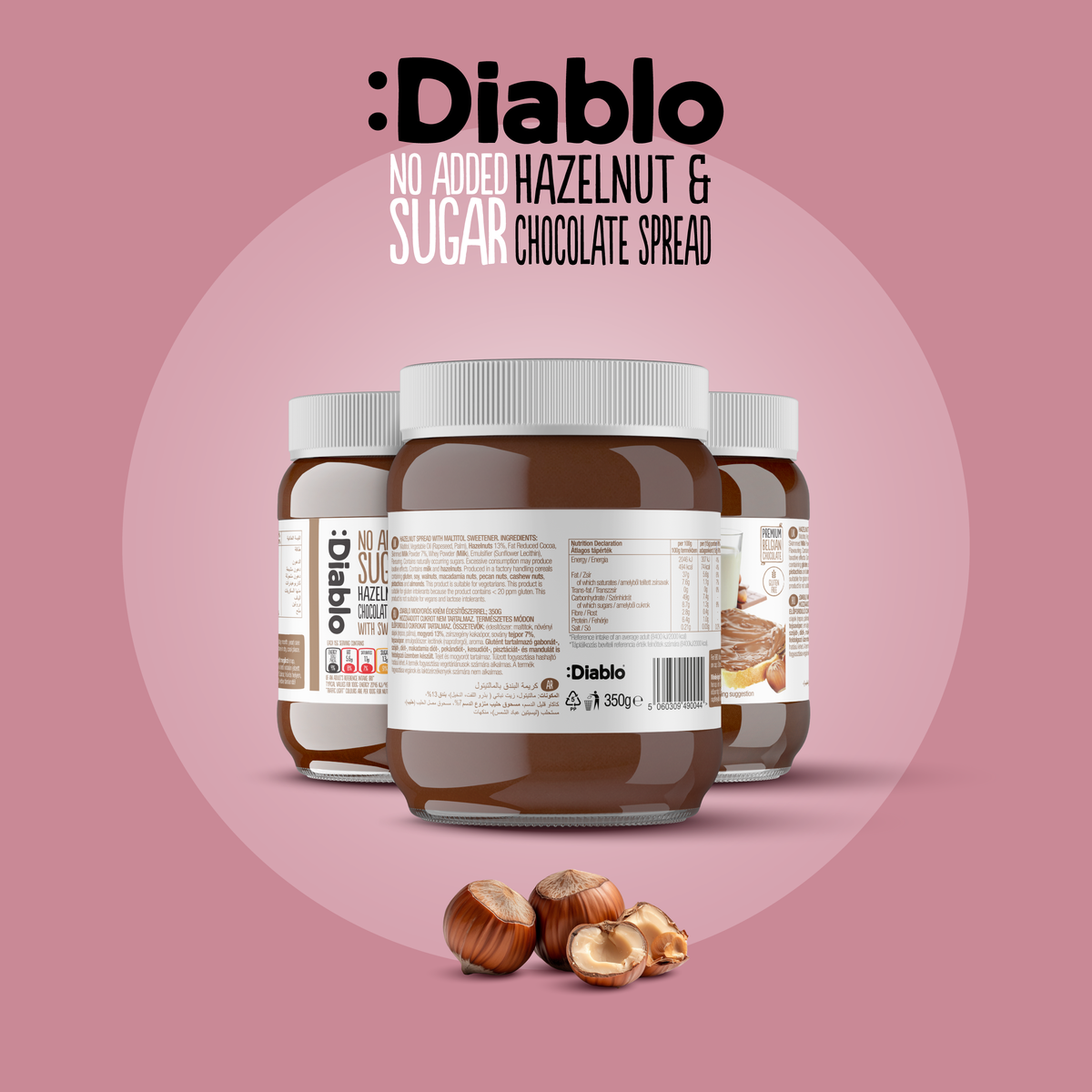 Diablo Hazelnut & Chocolate Spread 350g jar Nutrition Facts panel and ingredient list on the back label