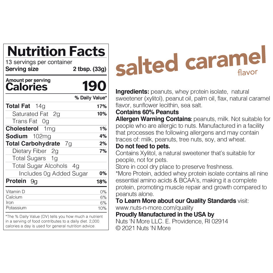 Nuts 'n More Salted Caramel Peanut Butter Spread Nutrition Facts label — 12g protein, low sugar
