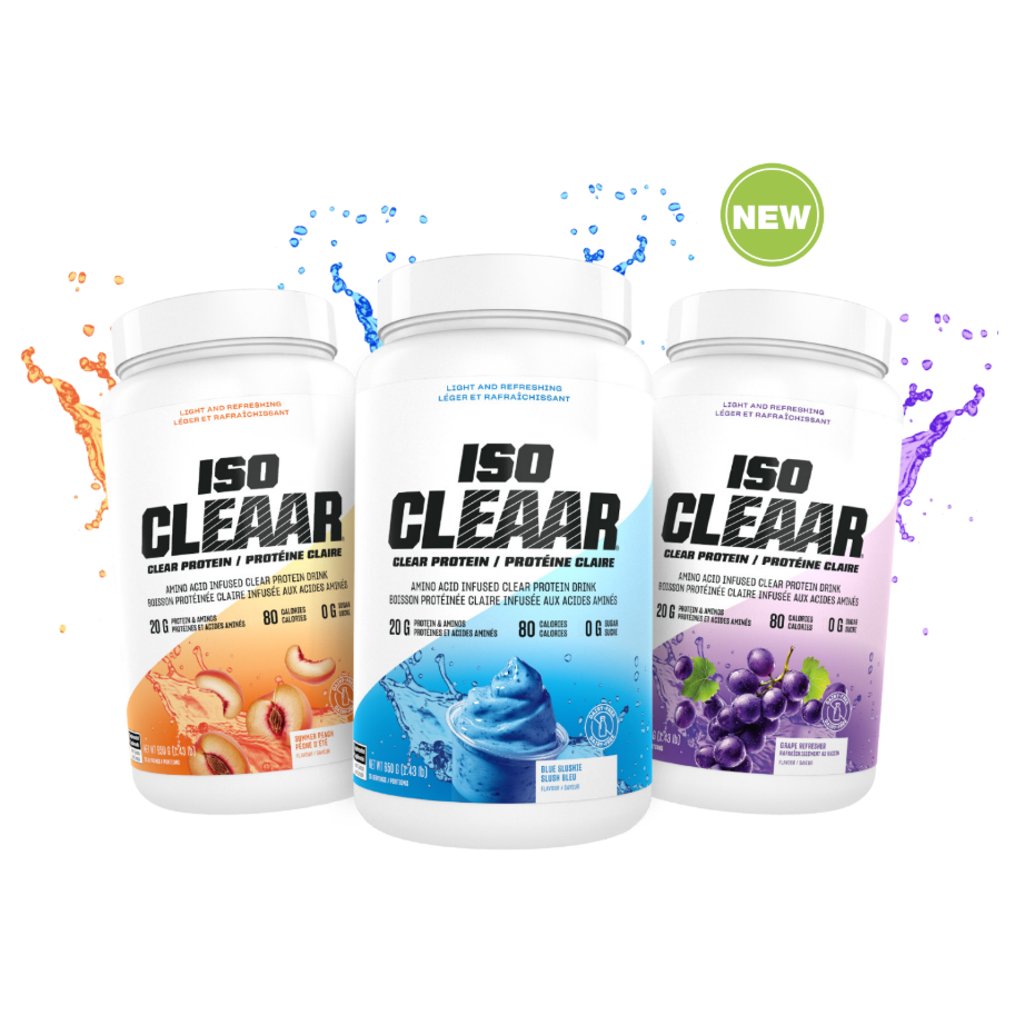 PVL ISO CLEAAR Clear Protein — flavour lineup, Peach, Blue Slushie and Grape tubs