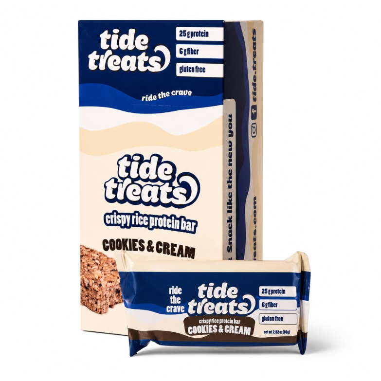 Tidetreats Cookies & Cream Protein Bar — box of 12 with single bar in front