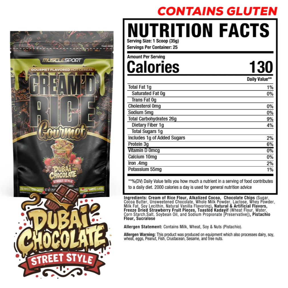 Nutrition Facts panel for MuscleSport Cream'd Rice Dubai Chocolate hot cereal, 130 calories, contains gluten