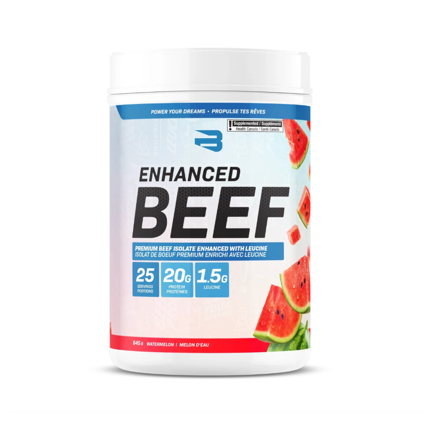 Believe Enhanced Beef Protein tub in Watermelon, 20 g dairy-free beef protein isolate, 25 servings