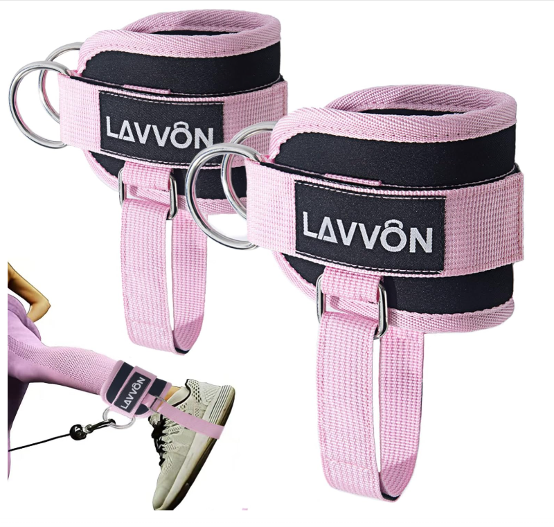 Padded neoprene ankle strap for cable-machine glute kickbacks, with reinforced steel double D-ring