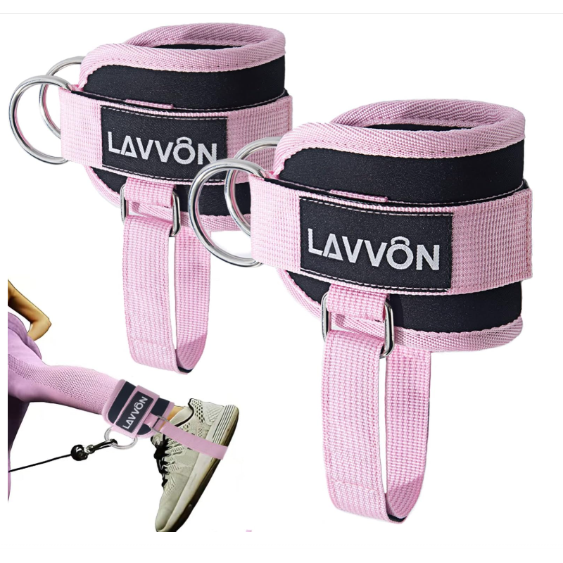 Padded neoprene ankle strap for cable-machine glute kickbacks, with reinforced steel double D-ring