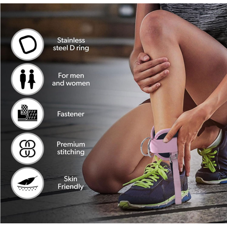Padded ankle strap with heavy-duty touch-fastener closure for a secure lower-body cable workout