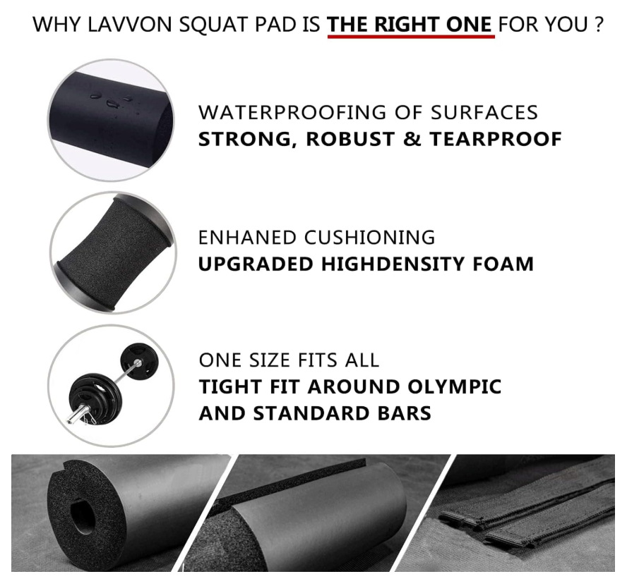 Foam squat and hip thrust pad wrapped around a barbell with Velcro safety straps