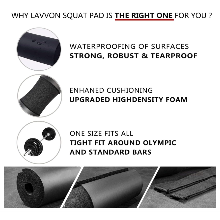 Foam squat and hip thrust pad wrapped around a barbell with Velcro safety straps
