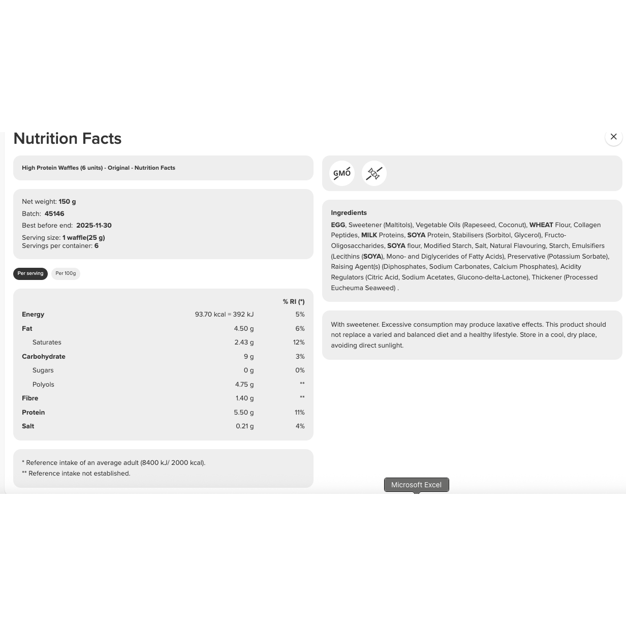 Gaufres au chocolat hyperprotéinées Prozis (1 boîte de 6 gaufres)