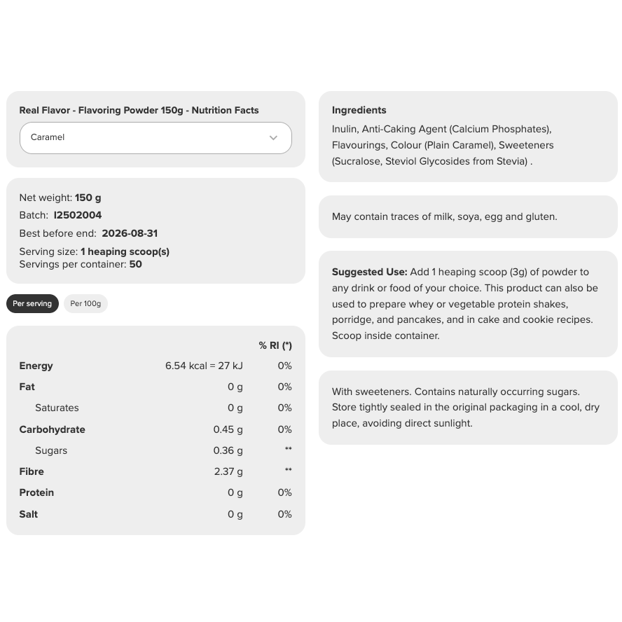 Prozis Real Flavor 150g Caramel — nutrition information panel, sugar-free fat-free flavoring powder