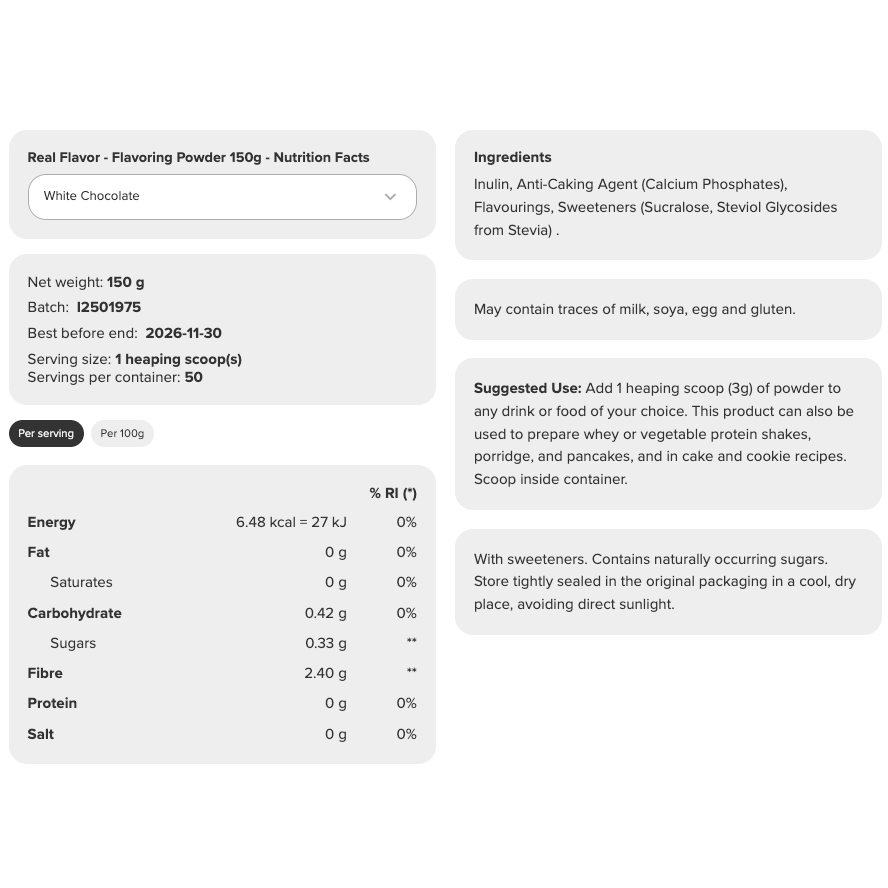 Prozis Real Flavor 150g White Chocolate — nutrition information panel, sweetened with stevia