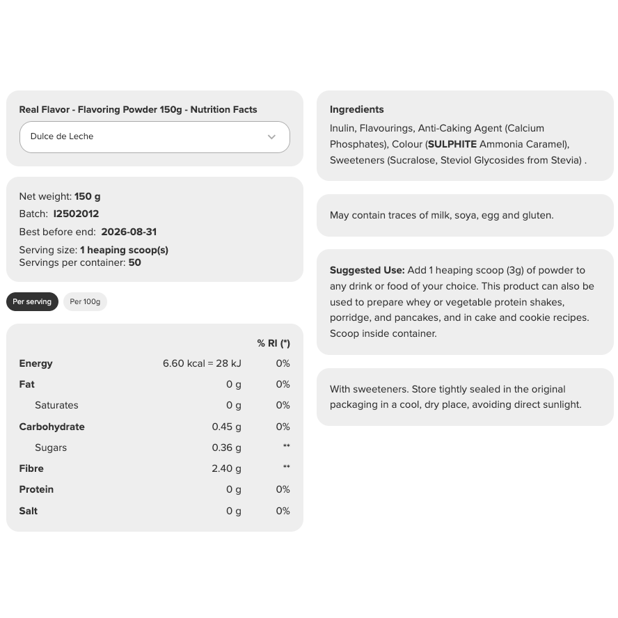Prozis Real Flavor 150g Dulce de Leche — nutrition information panel with ingredients list