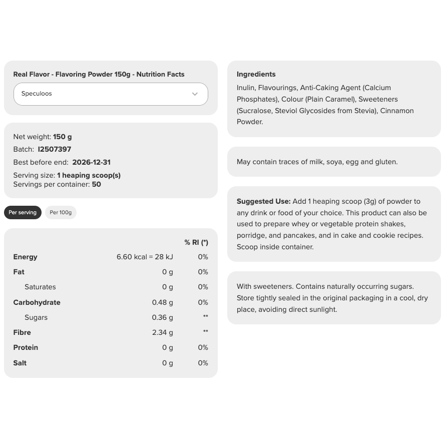 Prozis Real Flavor 150g Speculoos — nutrition information panel, sugar-free flavoring powder