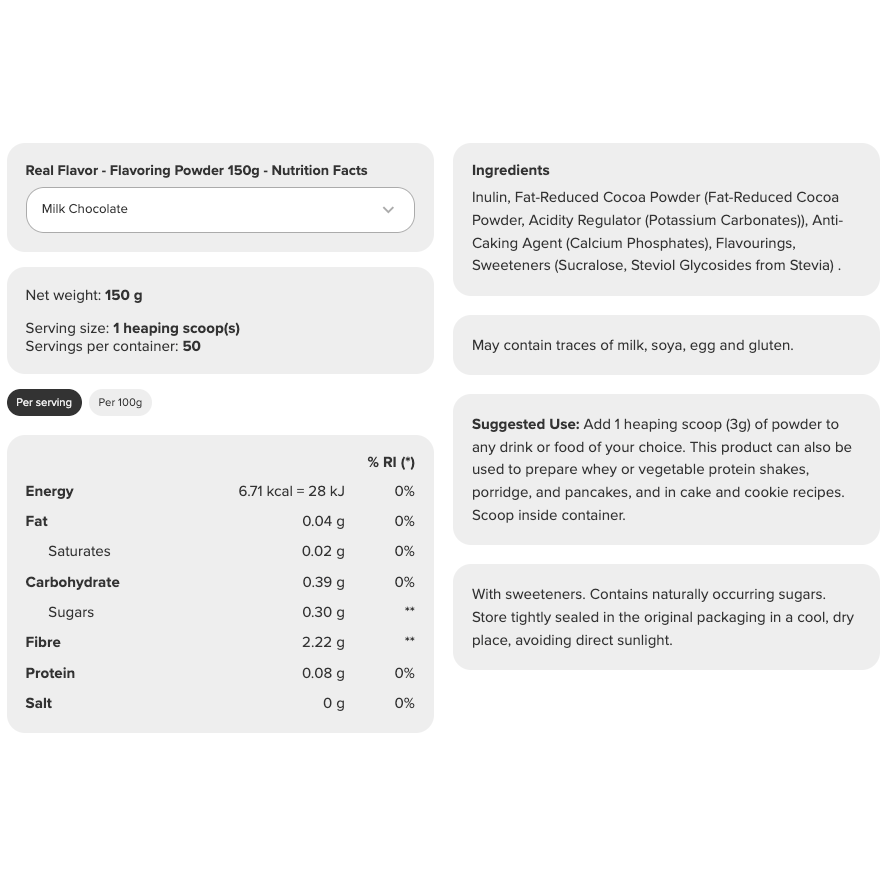 Prozis Real Flavor 150g Milk Chocolate — nutrition information panel with ingredients list
