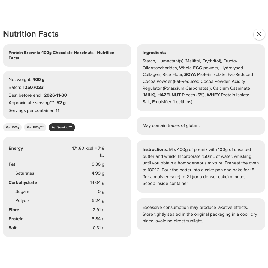 Prozis Protein Brownie Mix nutrition information panel — 8.84g protein, 0g sugar per serving