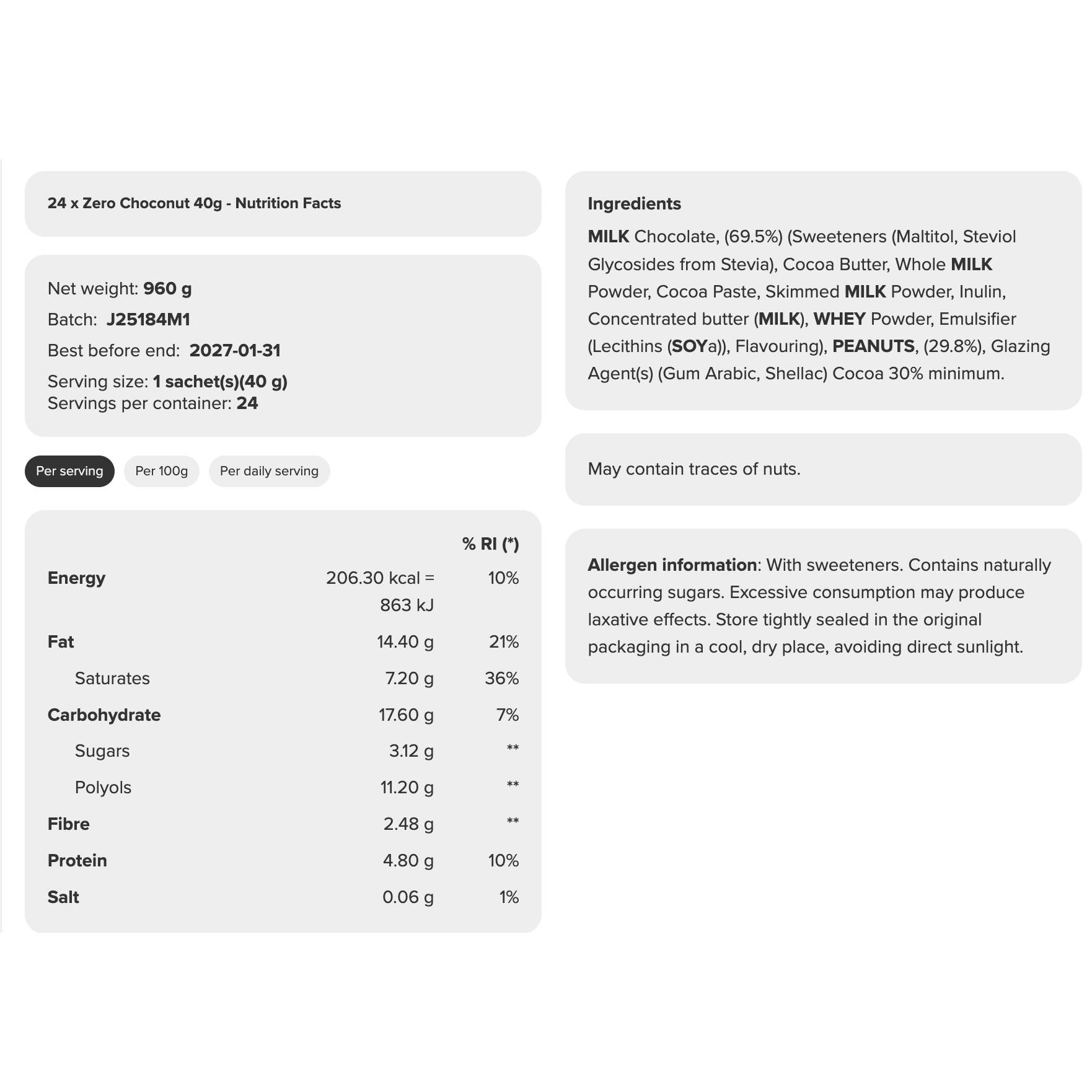 Prozis Zero Choconut nutrition information panel — 4.80g protein, sweetened with maltitol and stevia