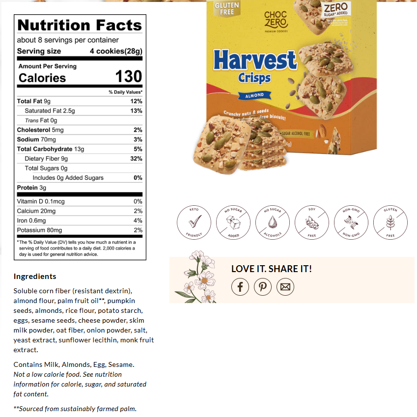 ChocZero Harvest Crisps — GF Keto Almond & Seed Cookies (1 box of 32) — image 4